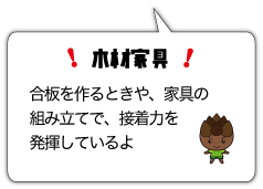 木材家具　合板を作るときや、家具の組み立てで、接着力を発揮しているよ